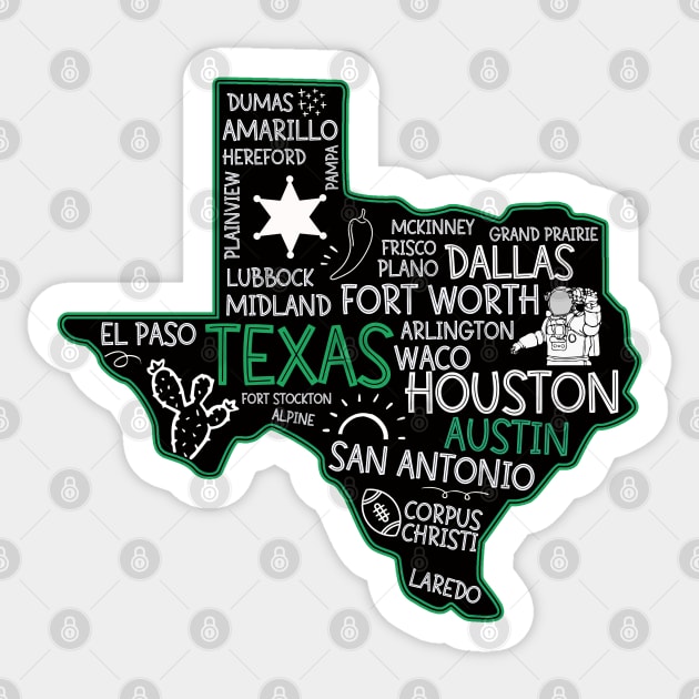 Austin Texas cute map San Antonio El Paso Dallas Laredo Waco TX state Sticker by BoogieCreates